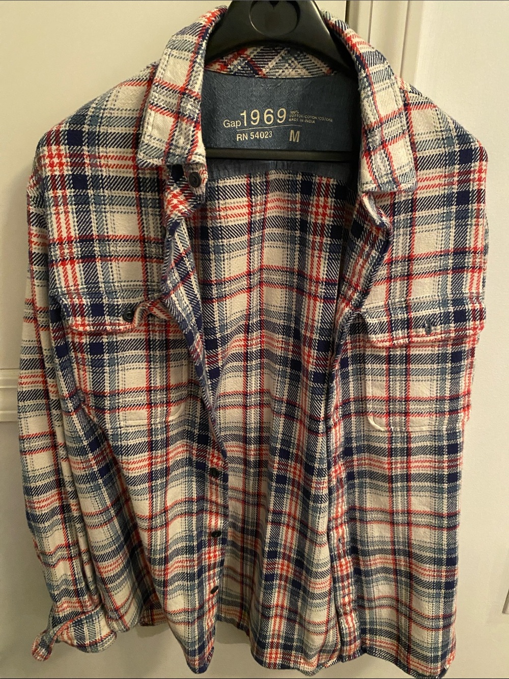 GAP Plaid Button-Up Shirt — Navy, Red & Cream